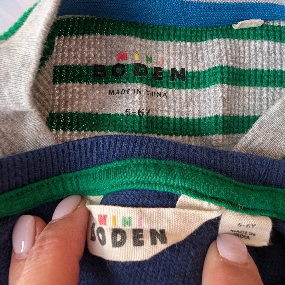Lot 2 PCS Mini Boden Waffle Knit Thermal Shirts Kids 5-6Y‎ Green Gray Striped